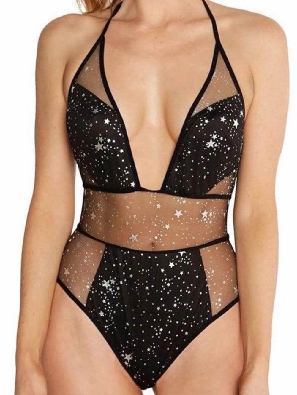 Sheer Star Mesh One-Piece Bodysuit - Black
